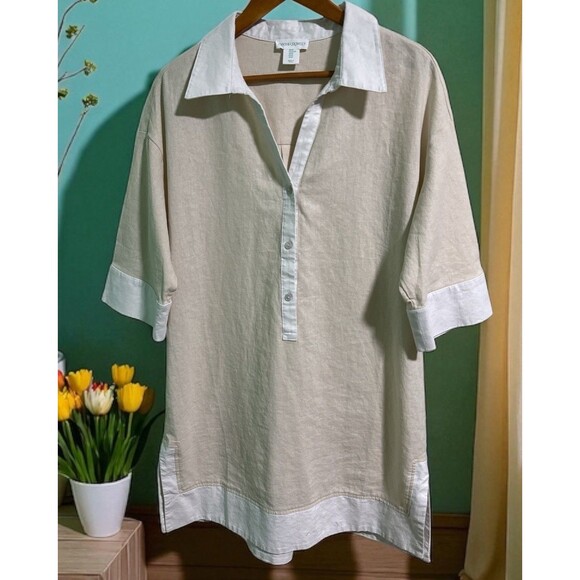 Cynthia Rowley Shirt XL Beige White Tunic Linen Blend Trim Minimalist NEW - Picture 3 of 7